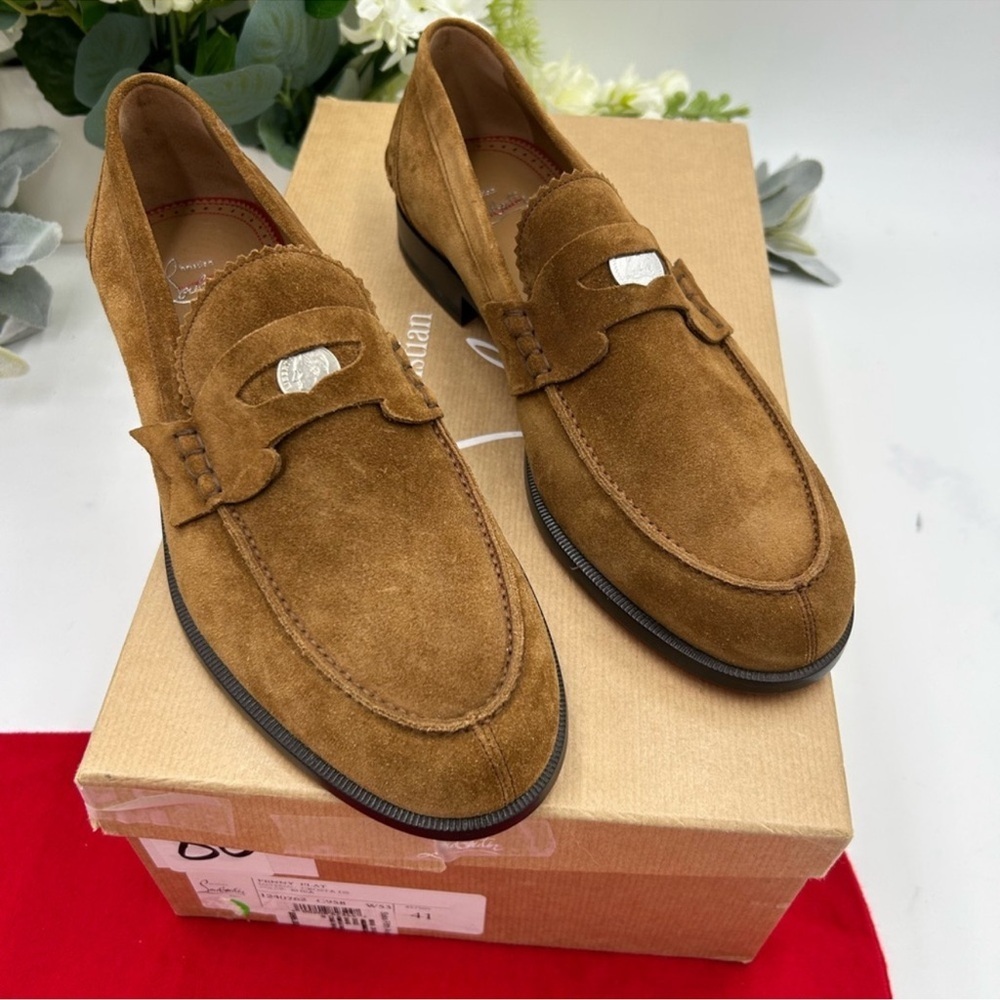 Men’s Christian Louboutin, penny loafers brown Rhea suede leather size 41